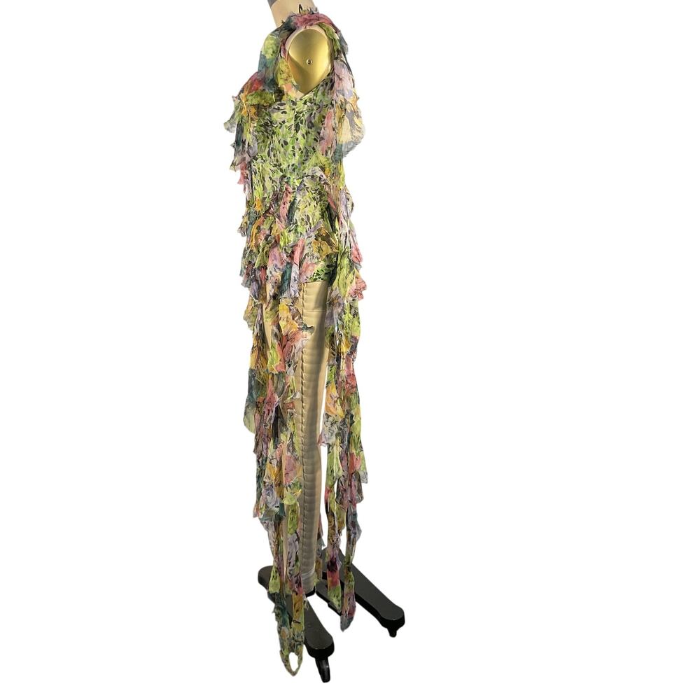 Dries Van Noten Asymmetric Ruffled Green Floral Silk Crepon Top Size FR 34 / US - Picture 3 of 6